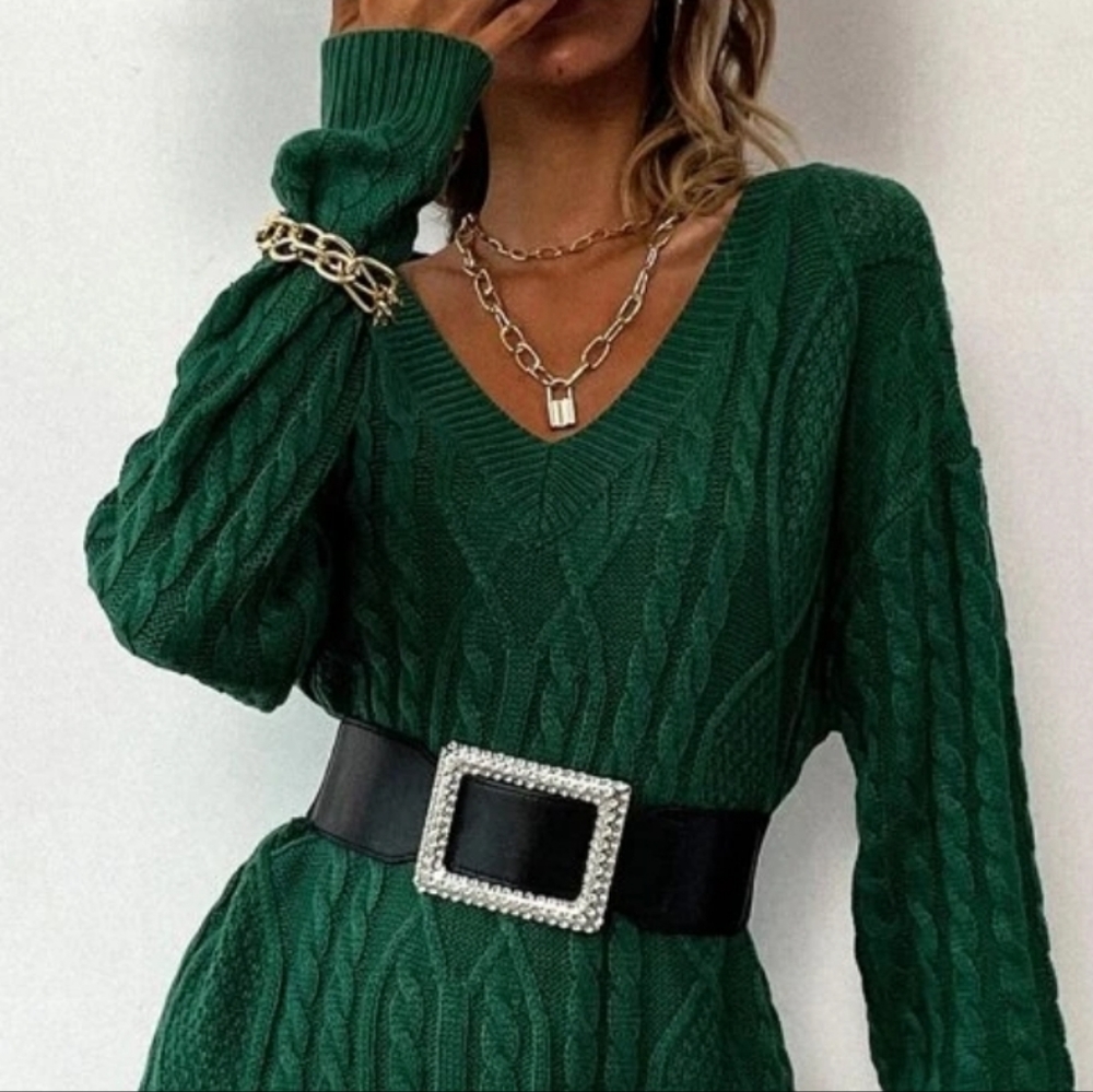 NEW Cable Knit Long Sleeve Sweater Dress Deep Green - Picture 7 of 9